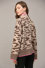 Half Zip Leopard Mix Print Sweater Taupe + Brown