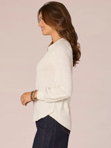 Mandarin Collar Half Placket Mix Media Knit Top Heather Cream