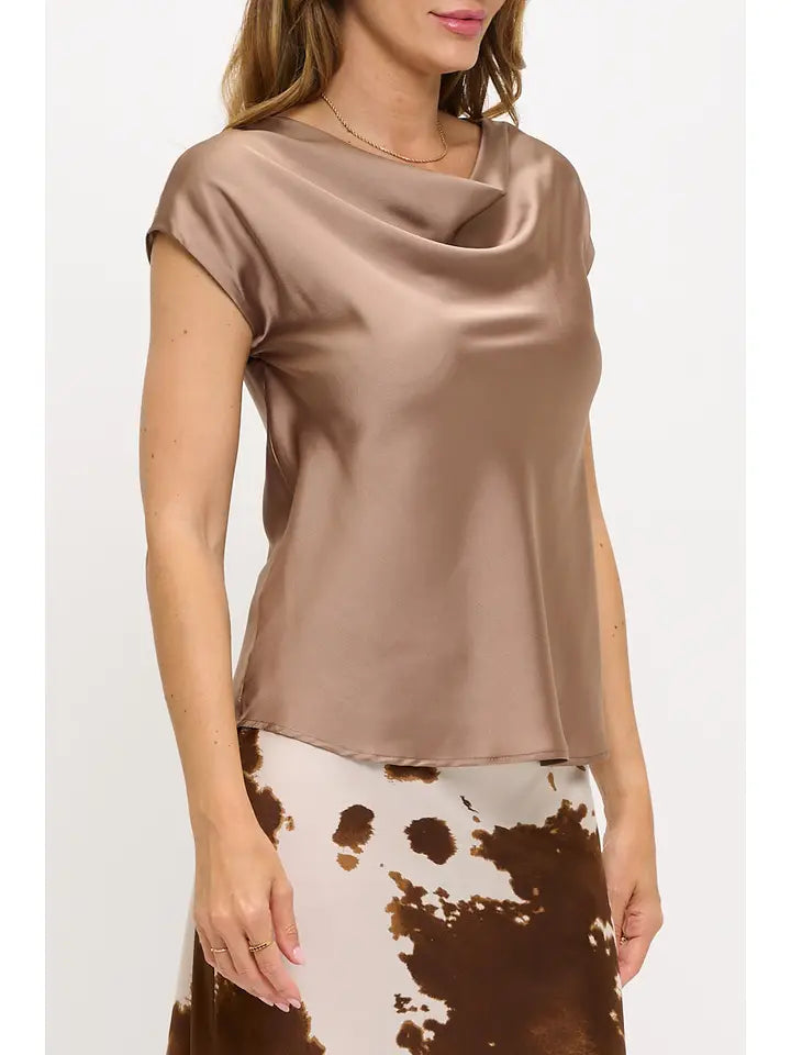 Solid Satin Cowl Neck Top Dune