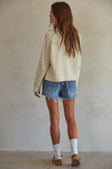 Clarke Stripe Quarter Zip Pullover Sweater Cream + Taupe
