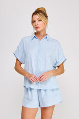 Breezy Jacquard Button Up Short Sleeve Shirt Sky