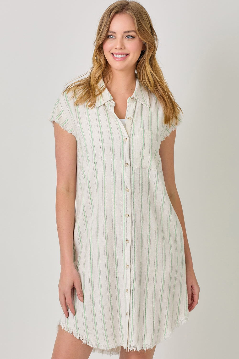Frayed Edge Stripe Shirt Dress Oatmeal + Mint