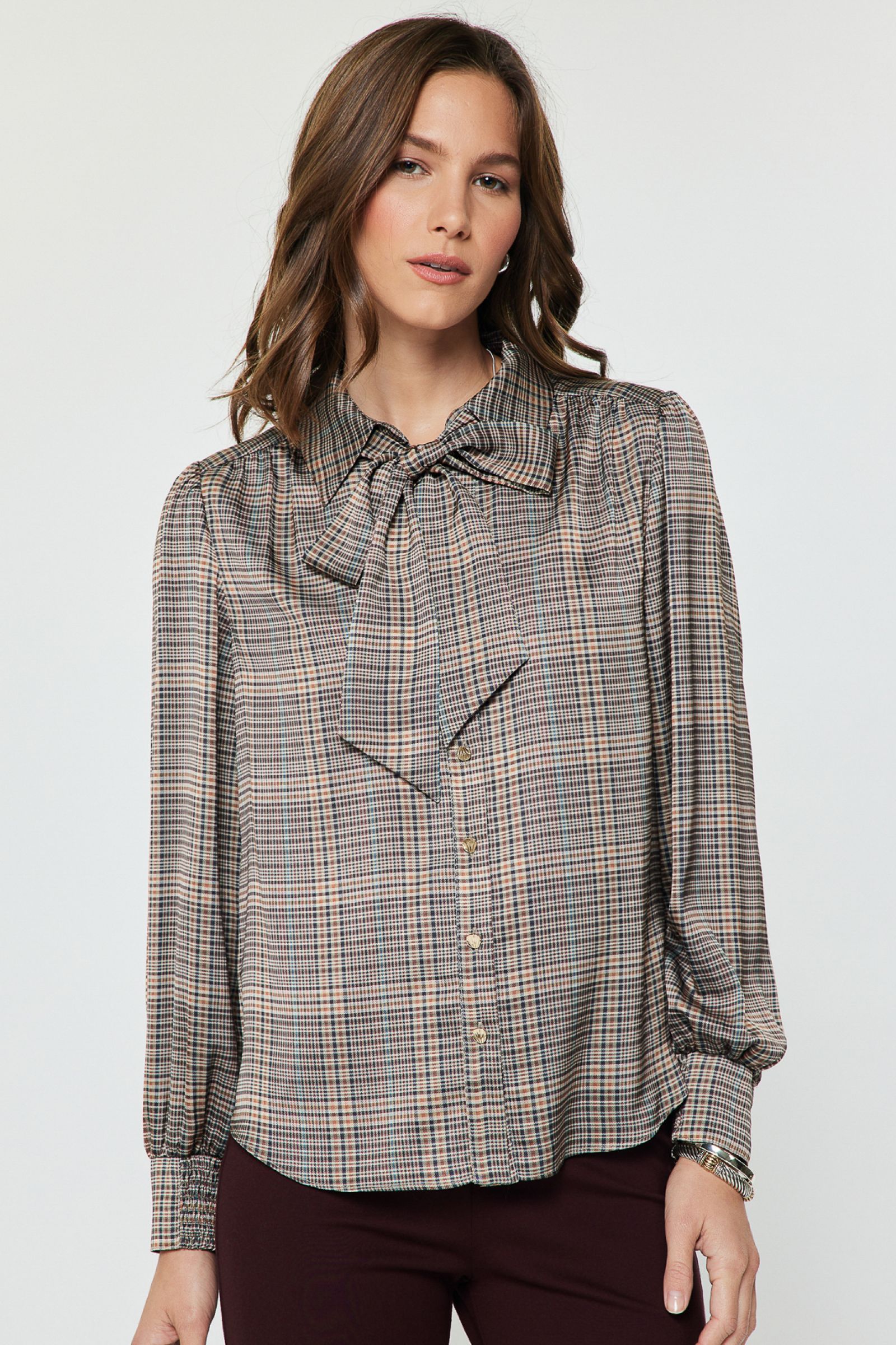 Plaid Satin Tie Neck Smock Cuff Blouse Multi
