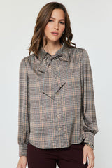 Plaid Satin Tie Neck Smock Cuff Blouse Multi