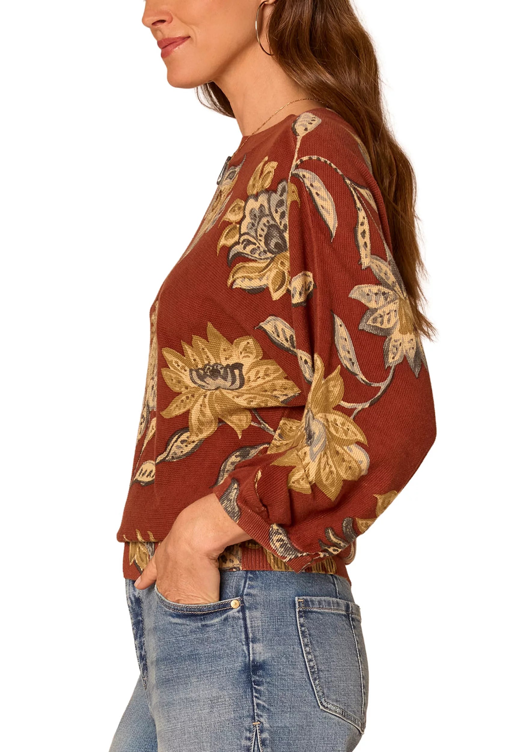 3/4 Dolman Tuck Sleeve Floral Banded Bottom Sweater Brown Multi