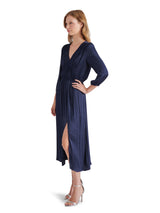 Arlene Split Front Satin Long Sleeve Midi Dress Marine
