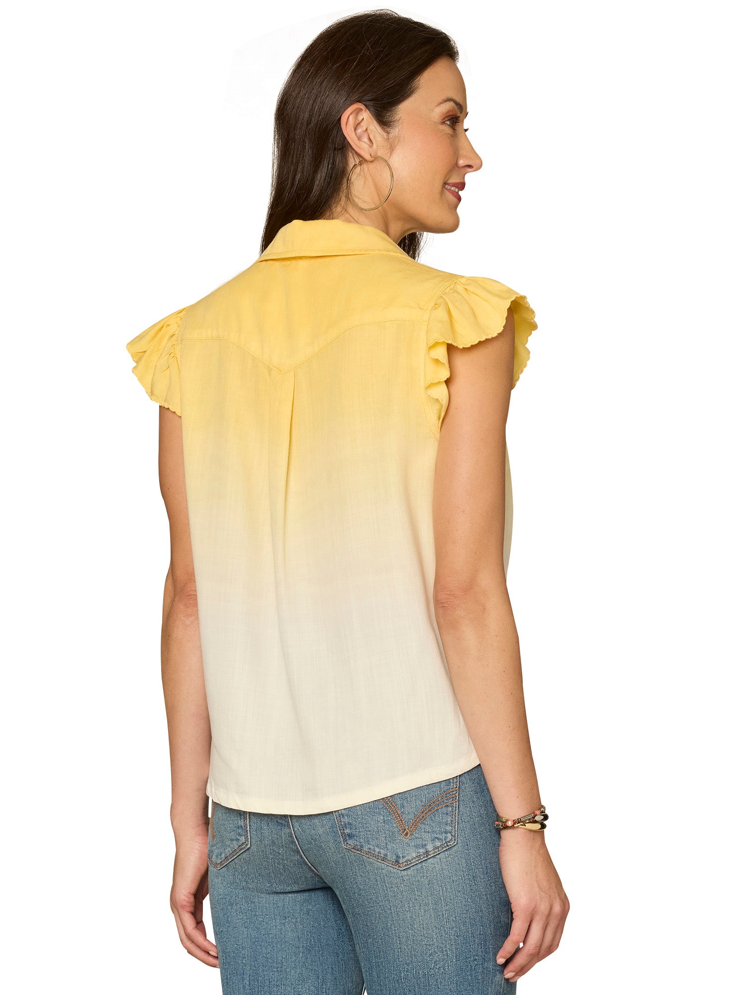 Flutter Sleeve Scallop Detail Collared Button Down Top Snap Dragon