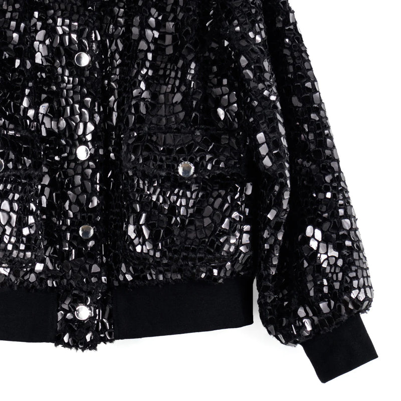 Textured Pebbled Sequin Bomber Jacket Black