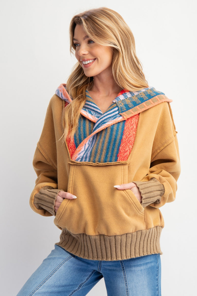 February Washed Multi Color Thread Hoodie Camel