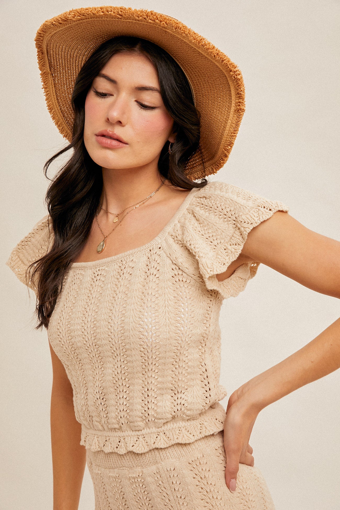 Open Crochet Knit Flutter Sleeve Sweater Top Natural