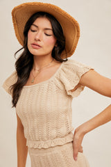 Open Crochet Knit Flutter Sleeve Sweater Top Natural