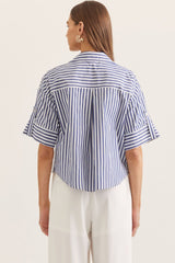 3/4 Sleeve Long Crop Button Up Navy