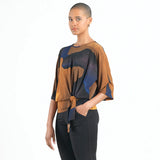 Printed Banded Bottom Side Tie Top Tan Multi
