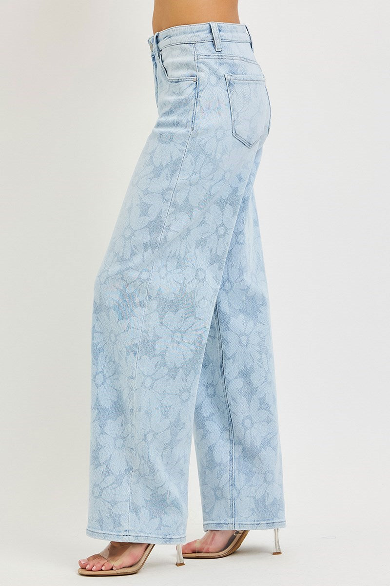 Bleached Daisy Print High Rise Wide Baggy Jeans Light