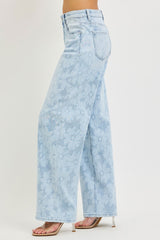 Bleached Daisy Print High Rise Wide Baggy Jeans Light
