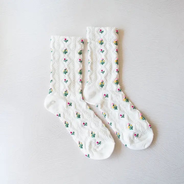 Romantic Floral Casual Socks White