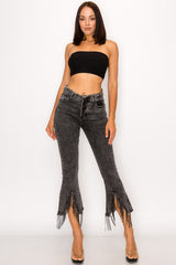 Crystal Fringe Button Fly Jeans Charcoal
