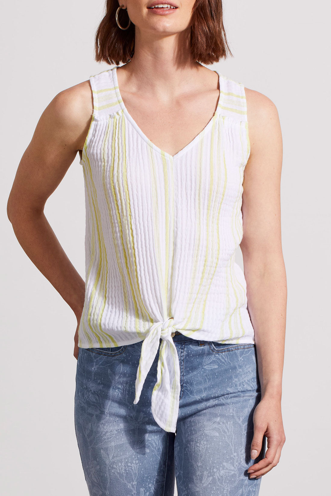 Textured Cotton Stripe Tie Front Tank Lime Twist