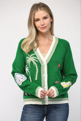 Golf Embroidered Patch Cardigan Field Green