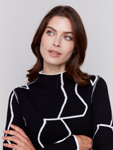Gutsy Print Mock Neck Knit Sweater Black + Cream