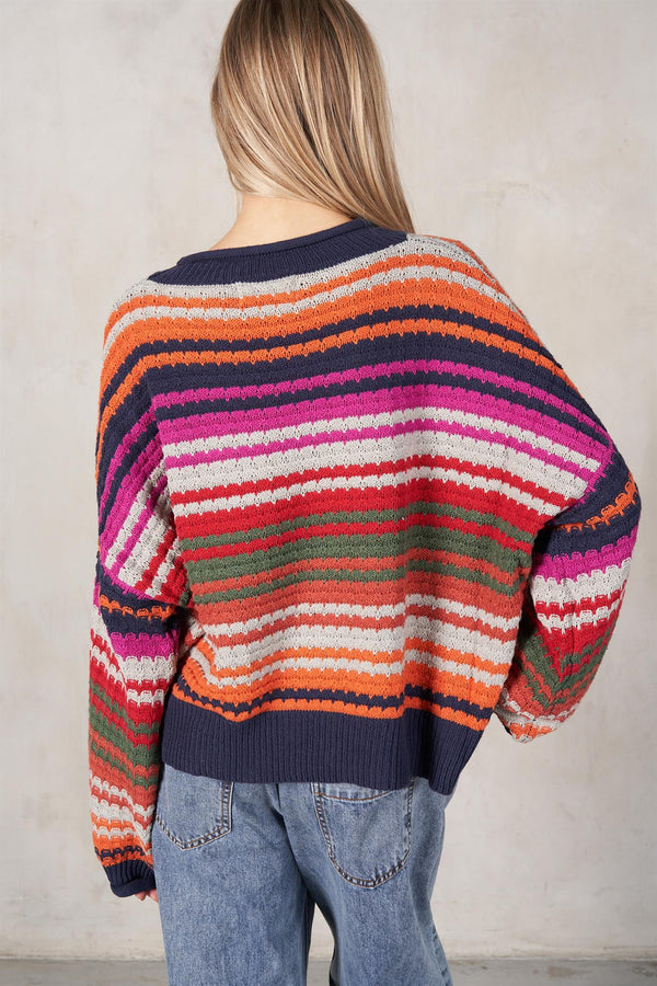 Rolled Sleeve Multicolor Stripe Pullover Sweater