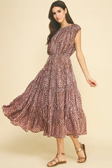 Bohemian Leaf Print Tiered Midi Dress Brown + Pink