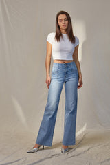 High Rise Wide Leg Angled Pocket Jeans Light Wash