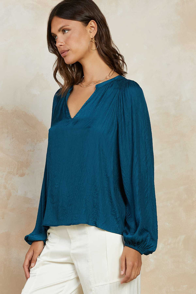 Long Sleeve Split Neck Crinkle Smock Detail Blouse Deep Blue