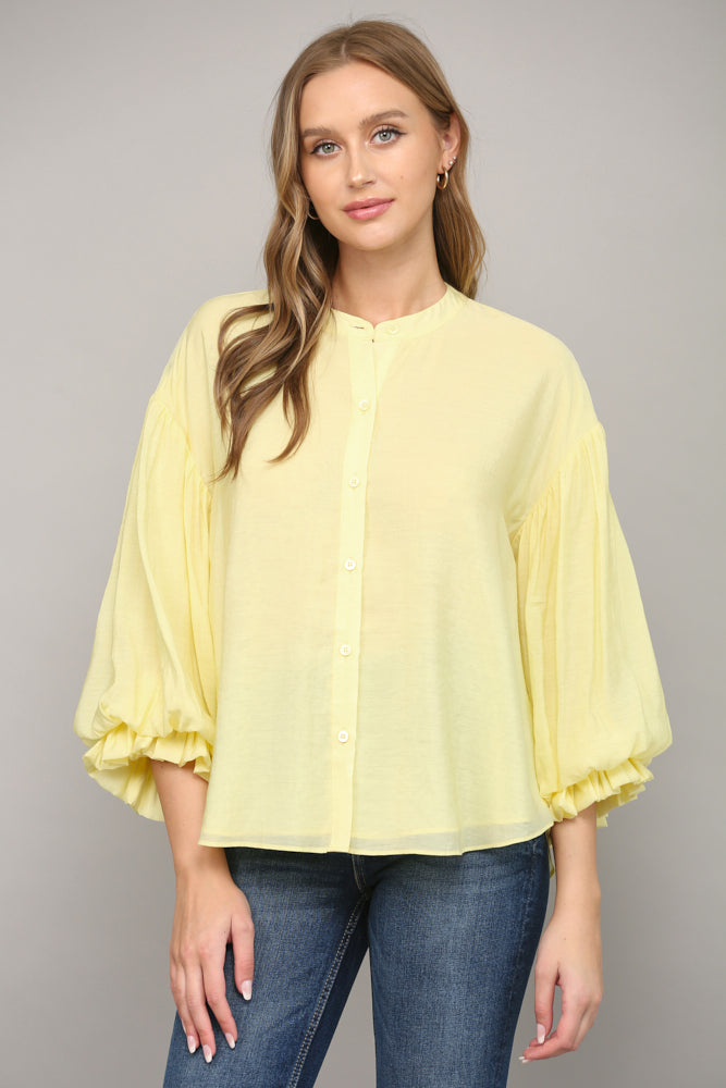 Puff 3/4 Frill Sleeve Button Down Shirt Yellow