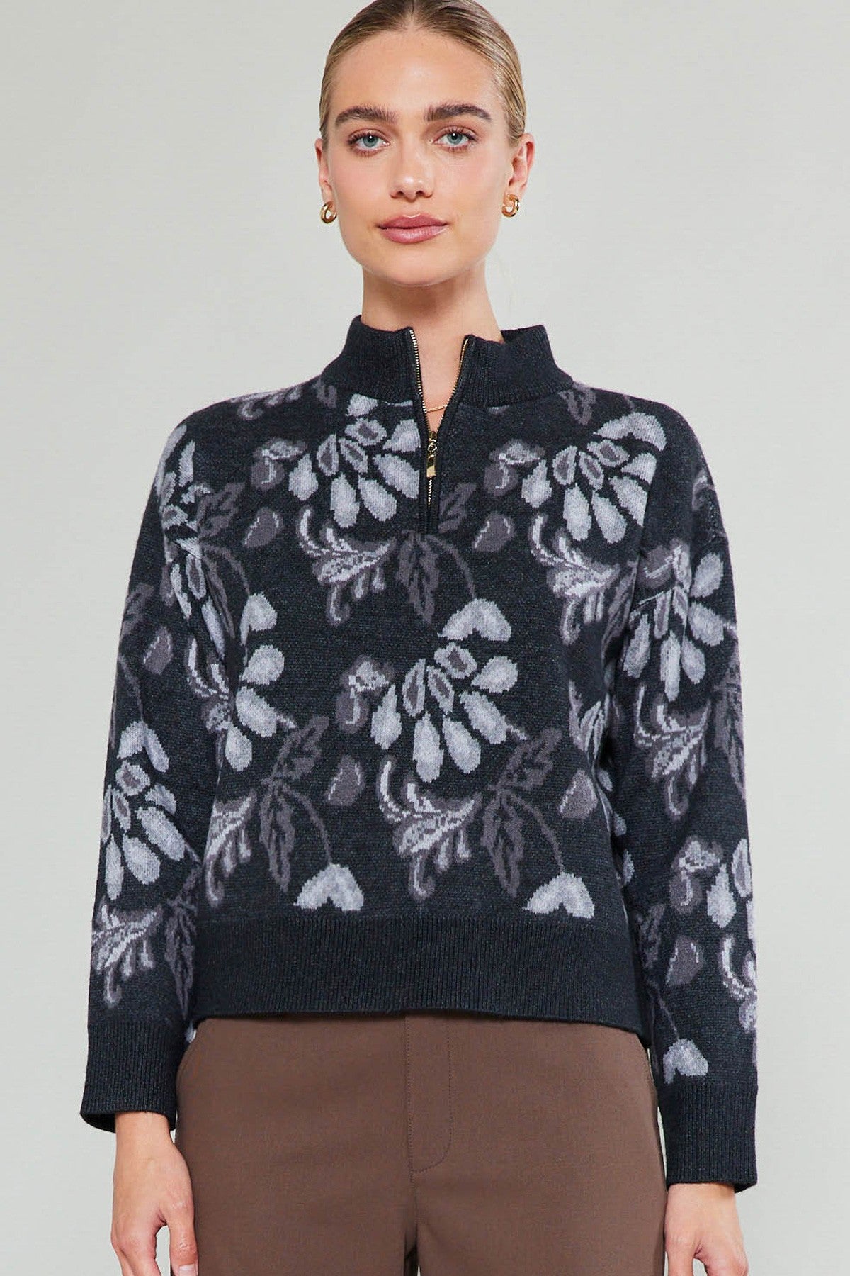 3/4 Zip Floral Jacquard Sweater Black Multi