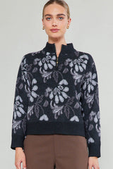 3/4 Zip Floral Jacquard Sweater Black Multi