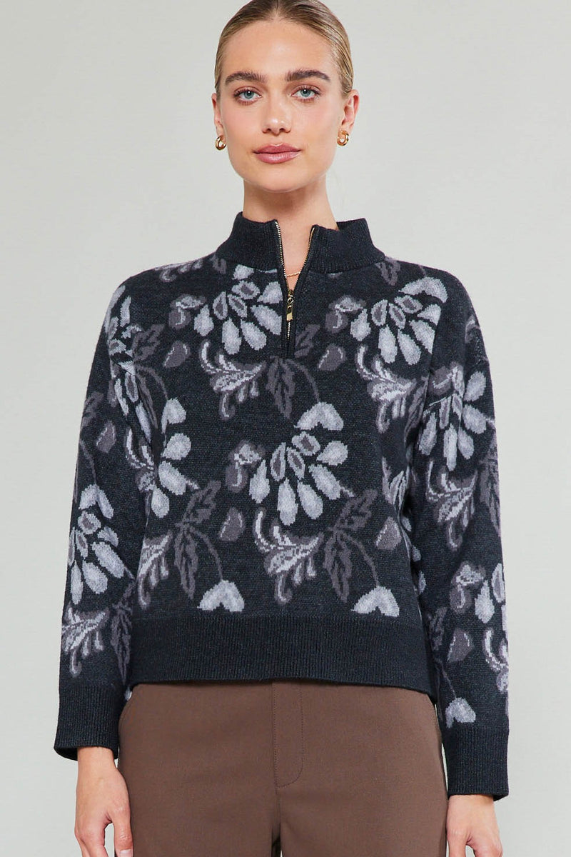 3/4 Zip Floral Sweater Black Multi