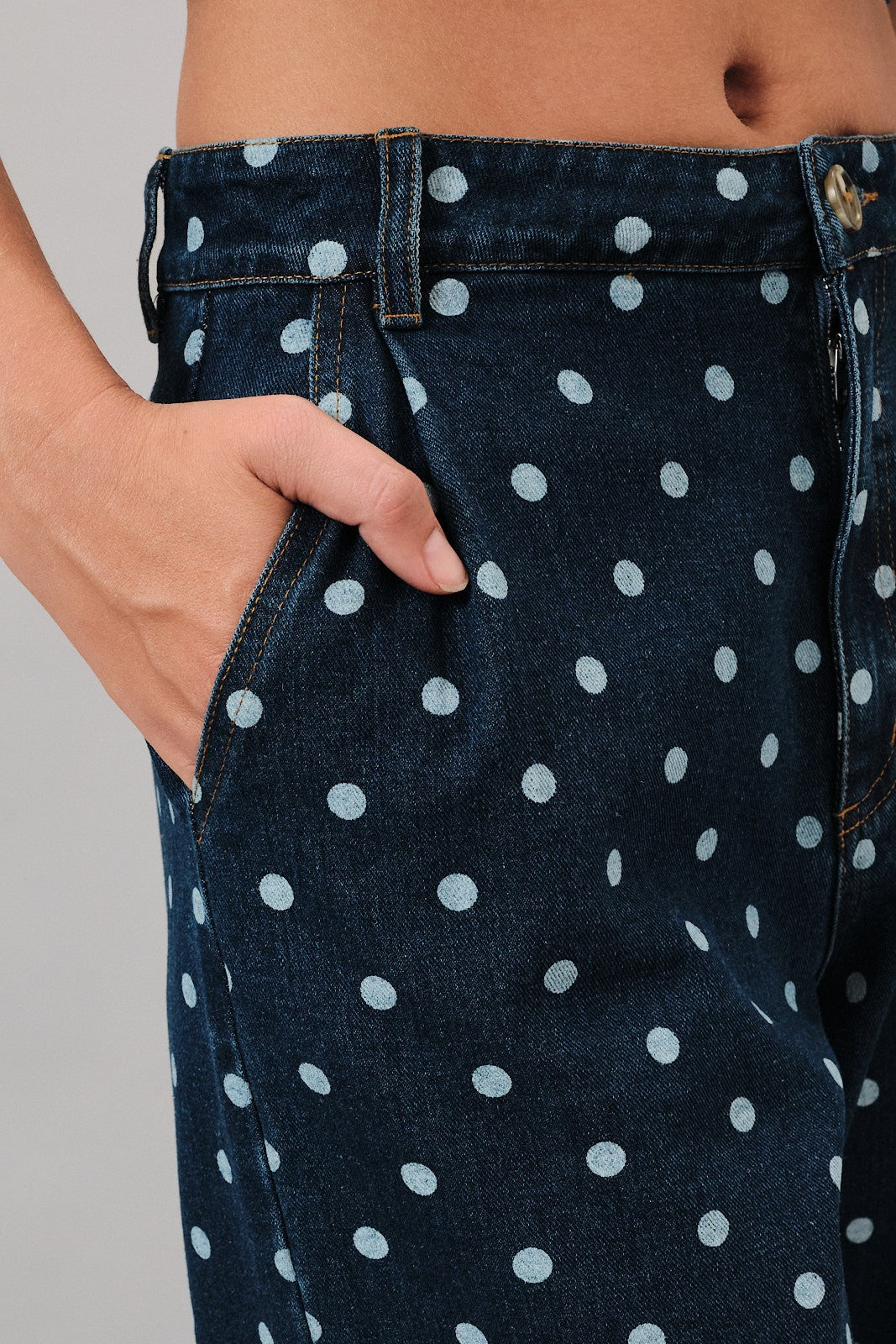 Polka Dot Straight Leg Denim Pants Denim White