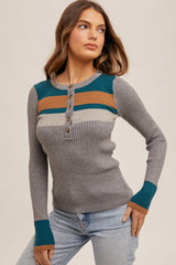 Colorblock Ribbed Sweater Henley Top Grey Teal