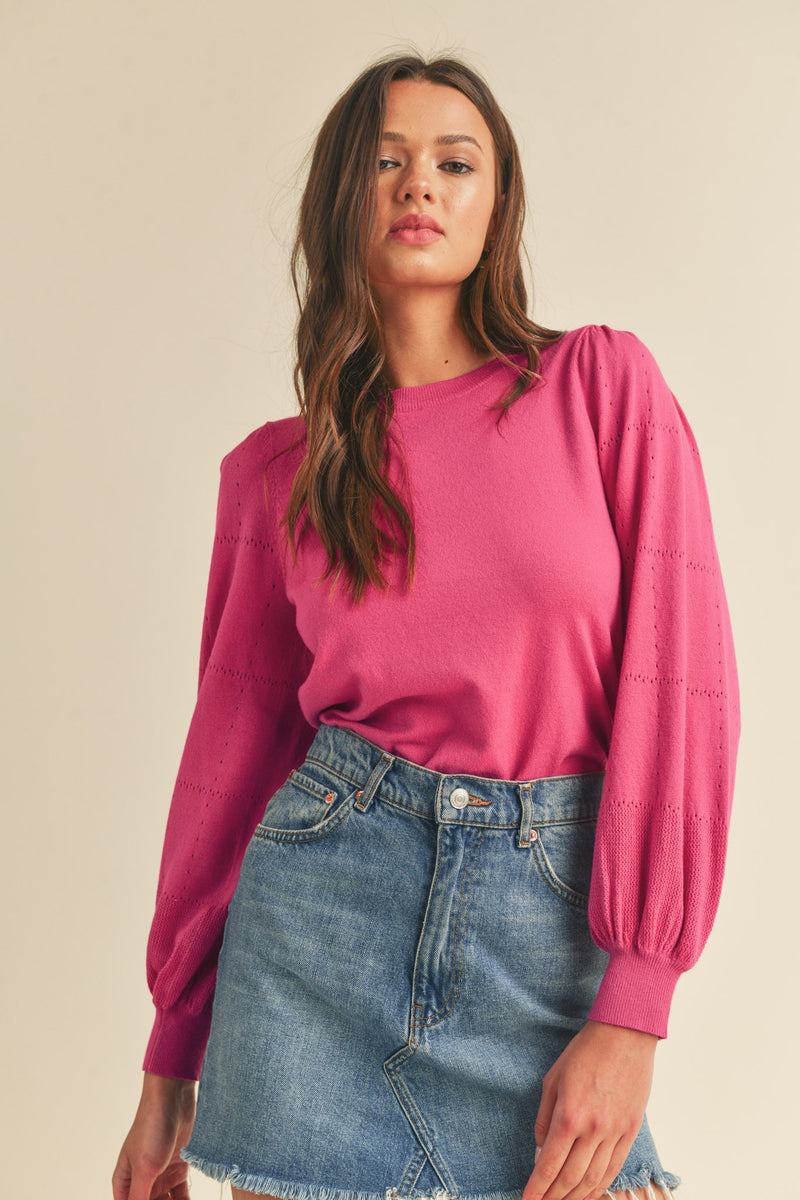 Pointelle Puff Sleeve Sweater Top Fuchsia