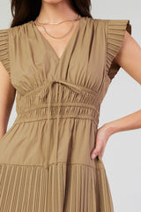 Pleat Details Tied Center Deep Vneck Mini Dress Latte