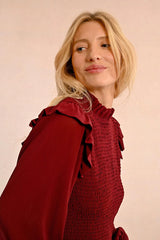 Smocked Bodice Ruffle Details Blouse Dark Red