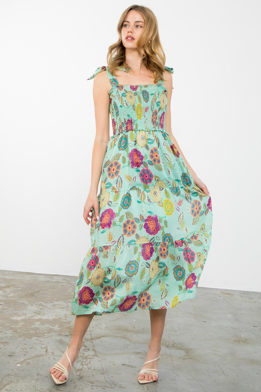 Tie Strap Smocked Tiered Retro Floral Midi Dress Sage