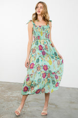 Tie Strap Smocked Tiered Retro Floral Midi Dress Sage