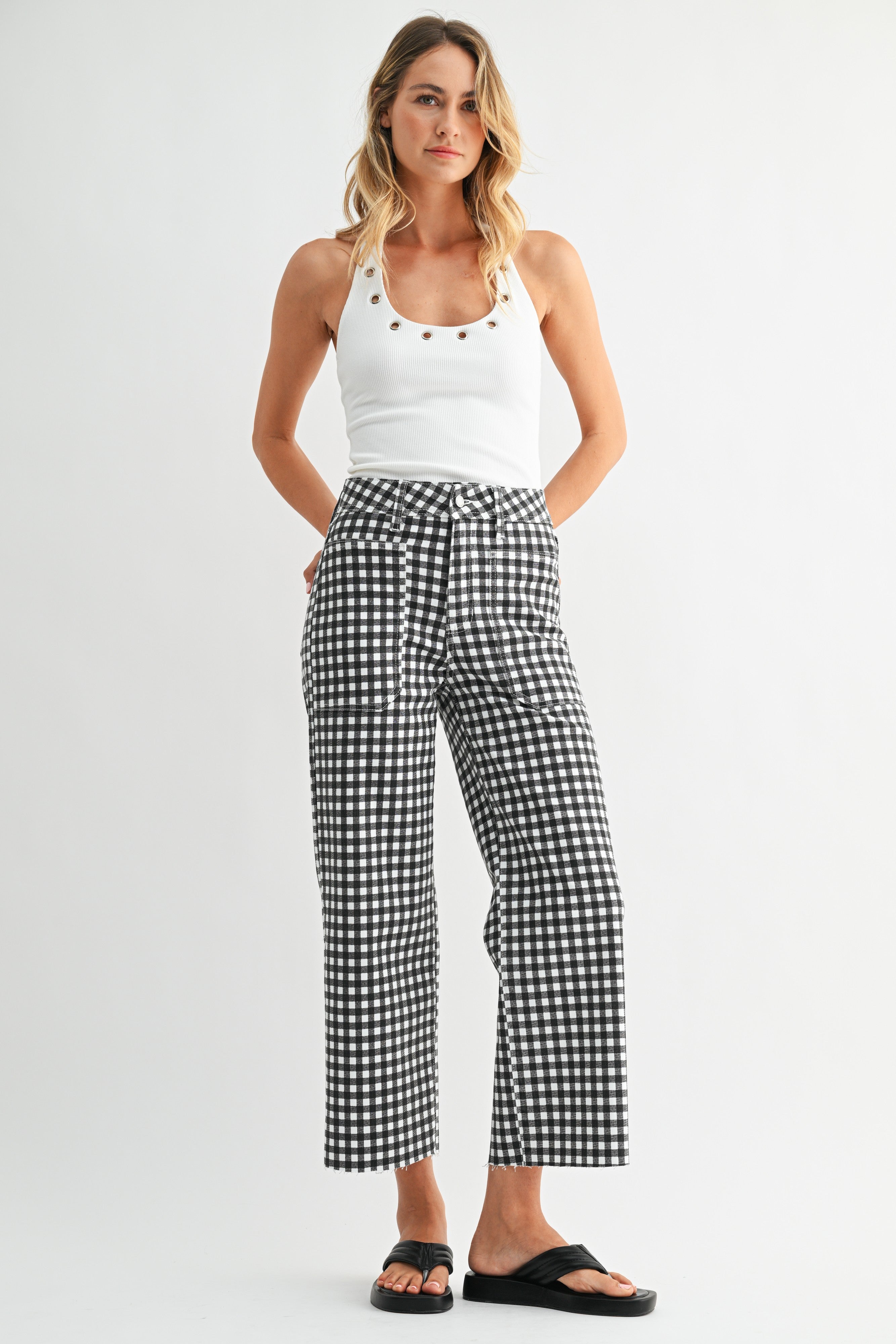 High Rise Utility Wide Leg Jean Black Gingham