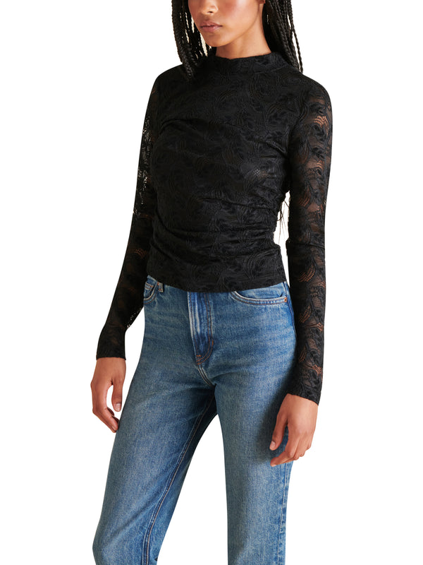 Cherie Mock Neck Side Ruching Lace Sleeve Top Black