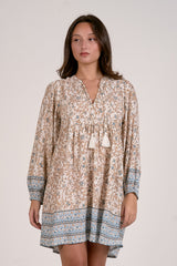 Border Print Floral Tassel Tie Long Sleeve Dress Blue Whimsy