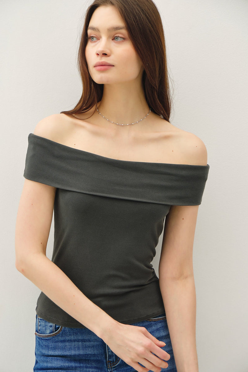 Ribbed Off Shoulder Top Charcoal