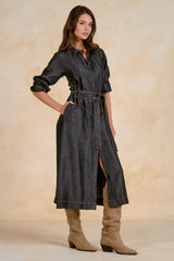 Washed Collared Long Sleeve Buttoned Maxi Dress Black Wash