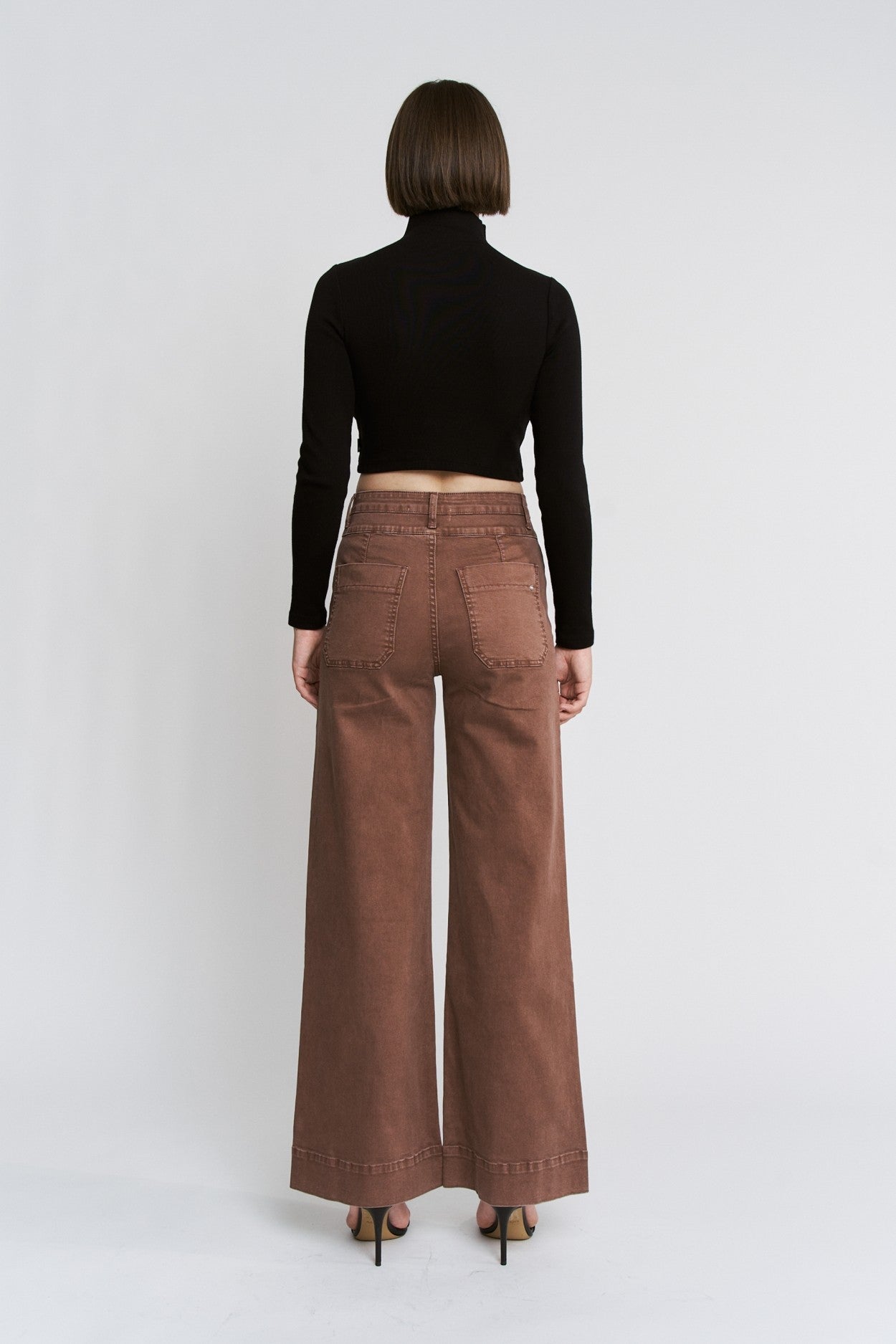 High Rise Double Waistband Wide Leg Denim Pants Cocoa