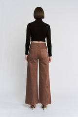 High Rise Double Waistband Wide Leg Denim Pants Cocoa