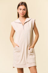 Zip Front Cap Sleeve Mini Dress Oat
