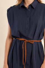 Denim Belted Cap Sleeve Button Down Dress Navy Blue