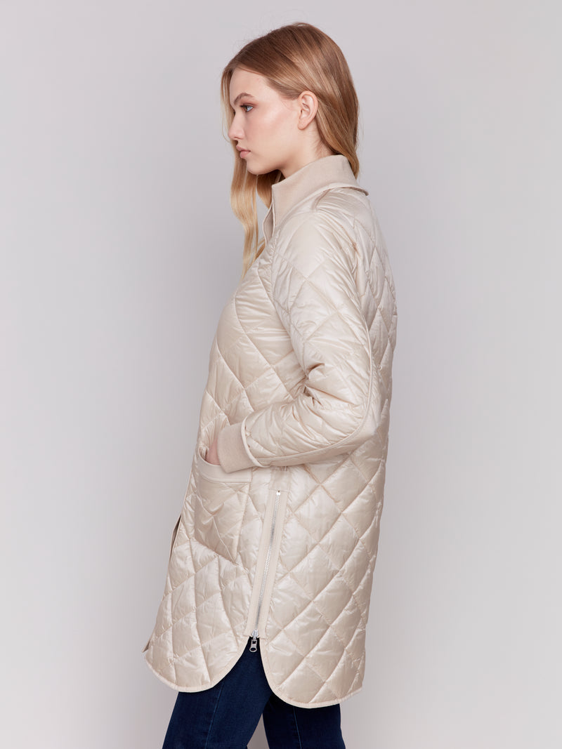 Leather Trim Reversible Quilted Puffer Jacket Champagne