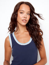 Crochet Neckline Knit Tank Navy